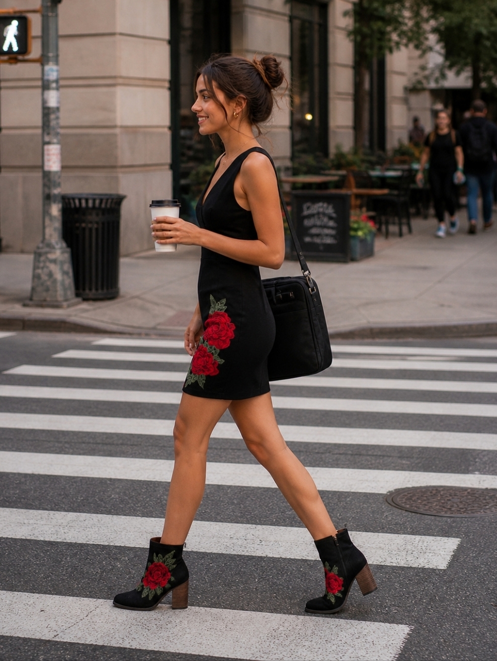 PAPAYA Black Midi Dress with Red Floral Design